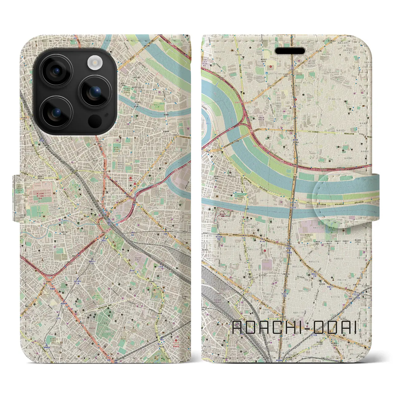 【足立小台（東京都）】地図柄iPhoneケース（手帳タイプ）ナチュラル・iPhone 16 用