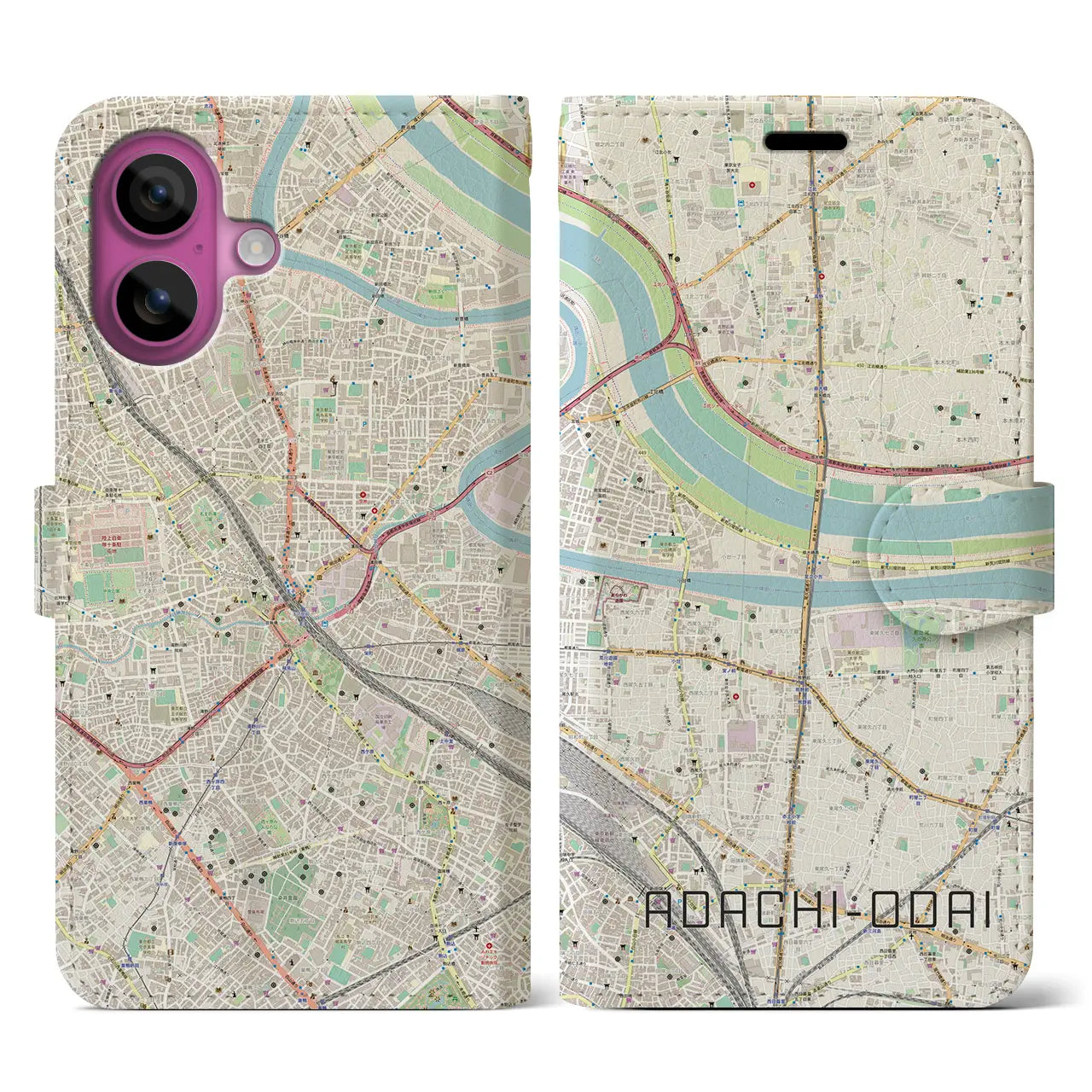 【足立小台（東京都）】地図柄iPhoneケース（手帳タイプ）ナチュラル・iPhone 16 Pro 用