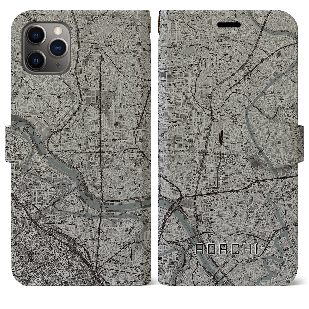 【足立】地図柄iPhoneケース（手帳両面タイプ・モノトーン）iPhone 11 Pro Max 用
