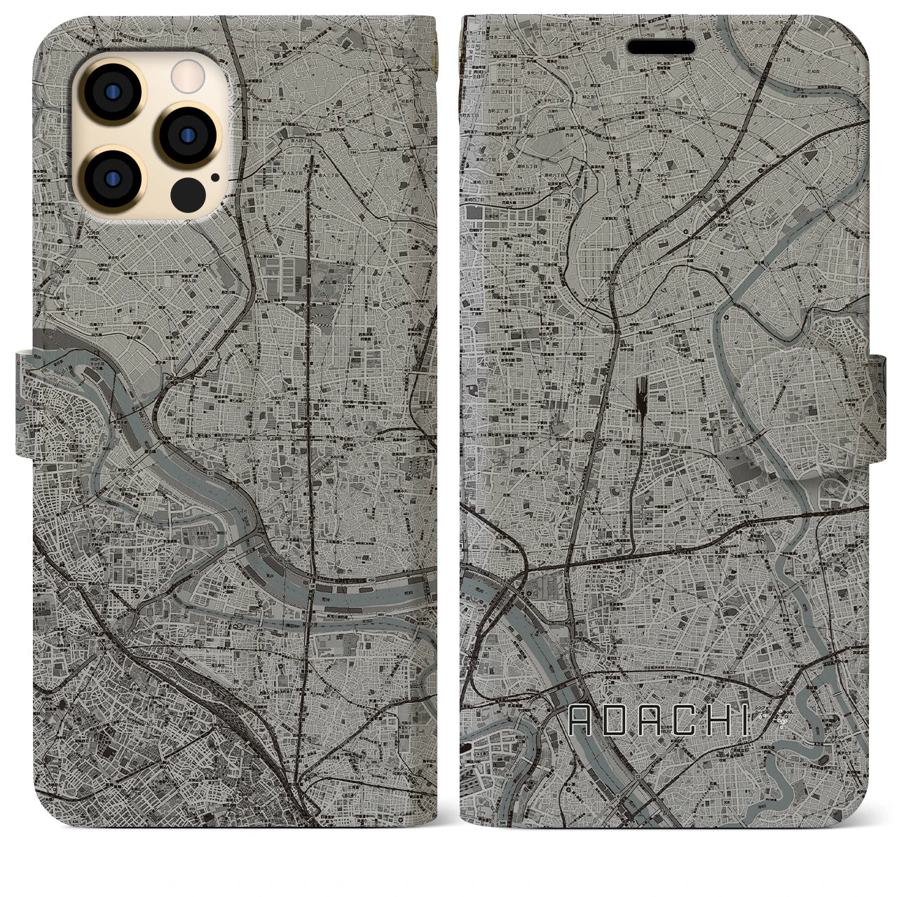 【足立】地図柄iPhoneケース（手帳両面タイプ・モノトーン）iPhone 12 Pro Max 用