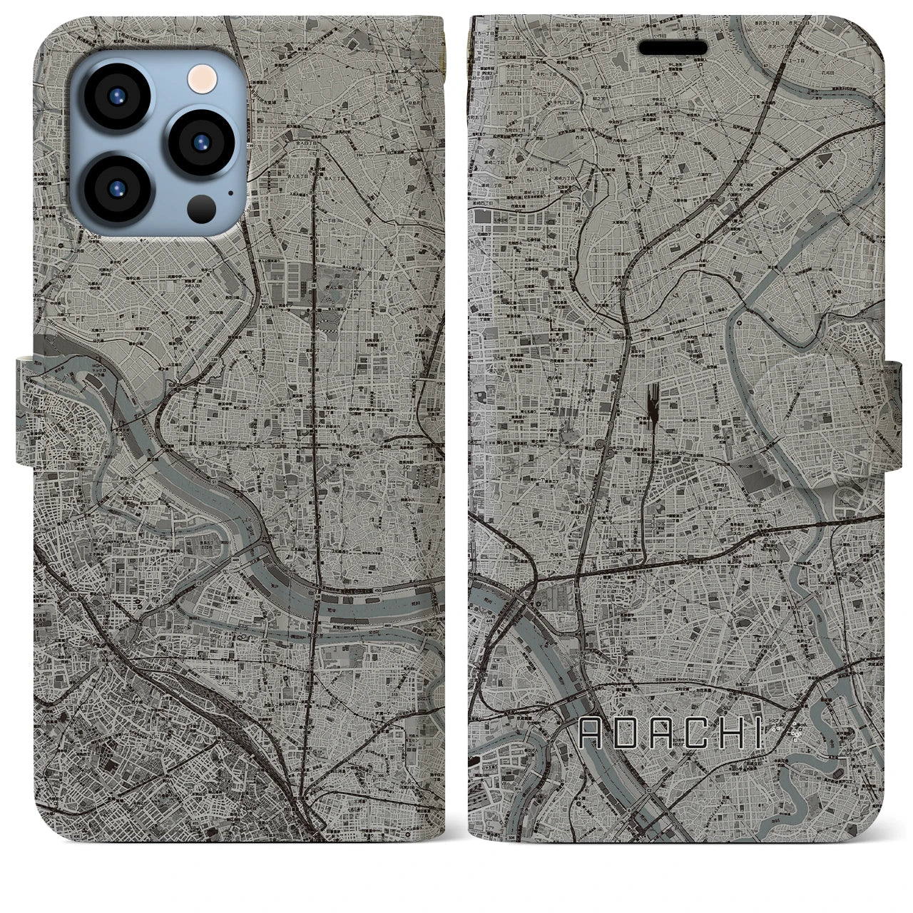 【足立】地図柄iPhoneケース（手帳両面タイプ・モノトーン）iPhone 13 Pro Max 用