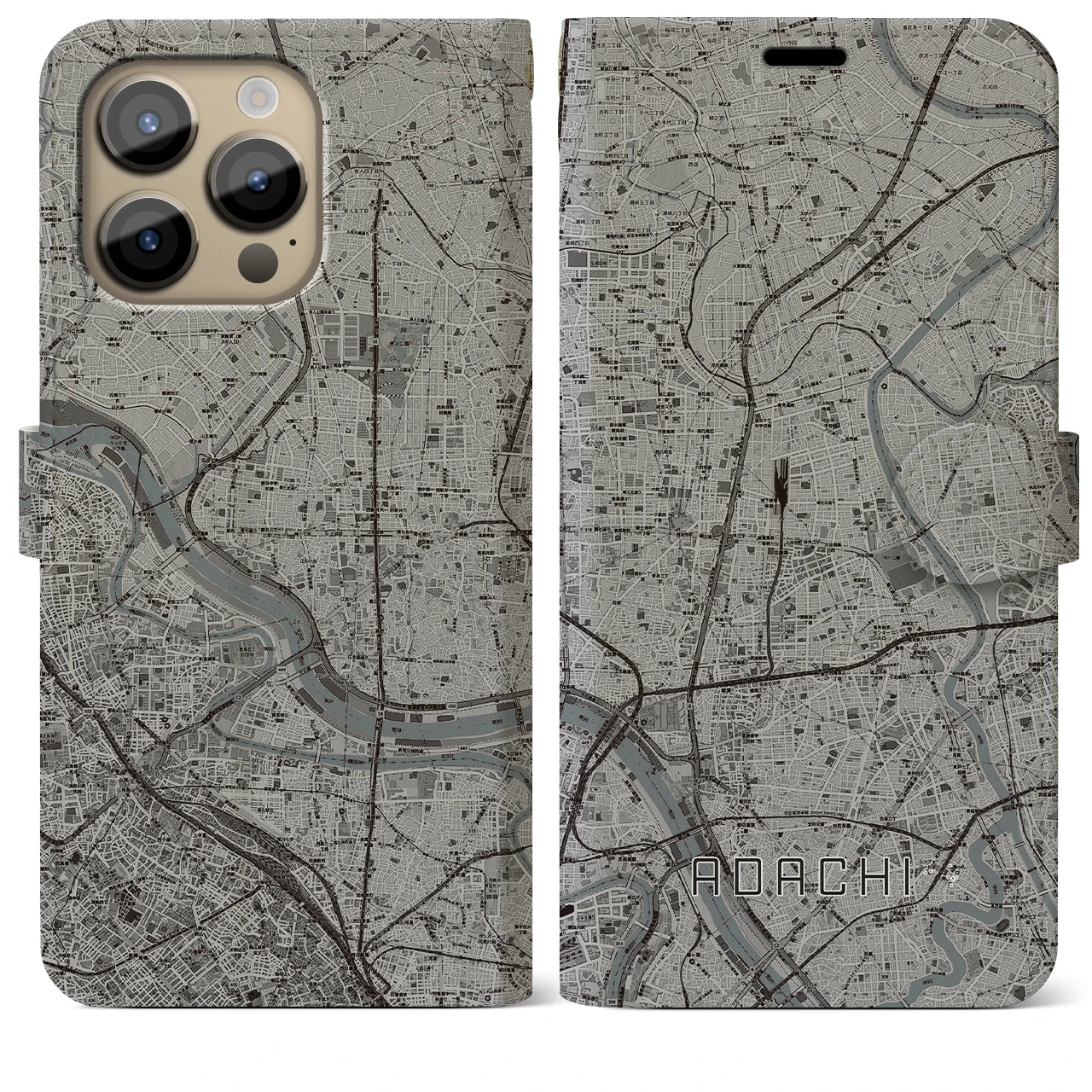 【足立】地図柄iPhoneケース（手帳両面タイプ・モノトーン）iPhone 14 Pro Max 用