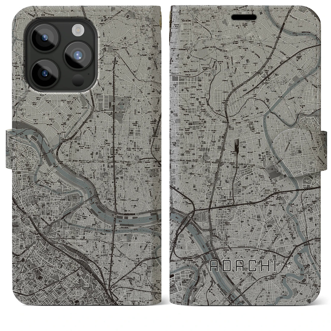 【足立】地図柄iPhoneケース（手帳両面タイプ・モノトーン）iPhone 15 Pro Max 用