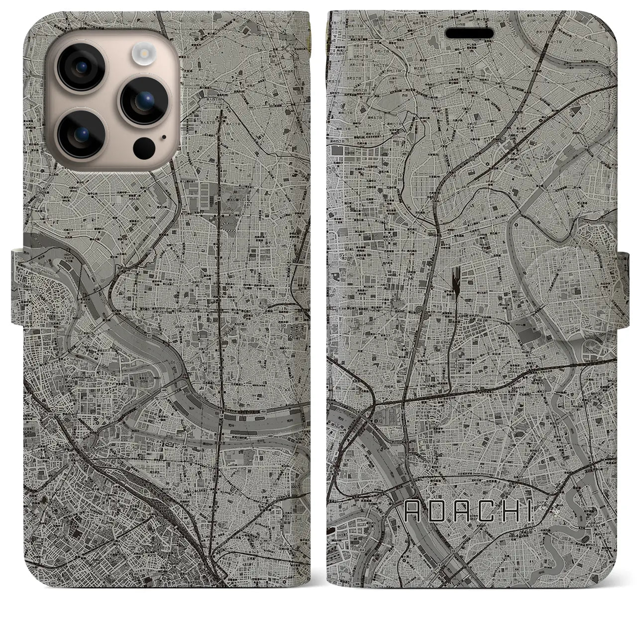 【足立（東京都）】地図柄iPhoneケース（手帳タイプ）モノトーン・iPhone 16 Plus 用