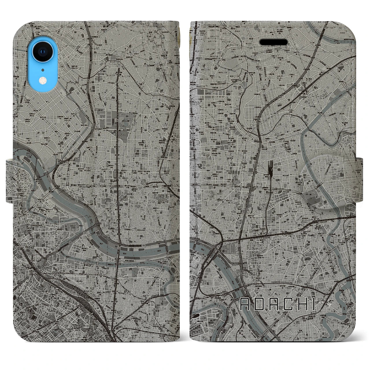 【足立】地図柄iPhoneケース（手帳両面タイプ・モノトーン）iPhone XR 用