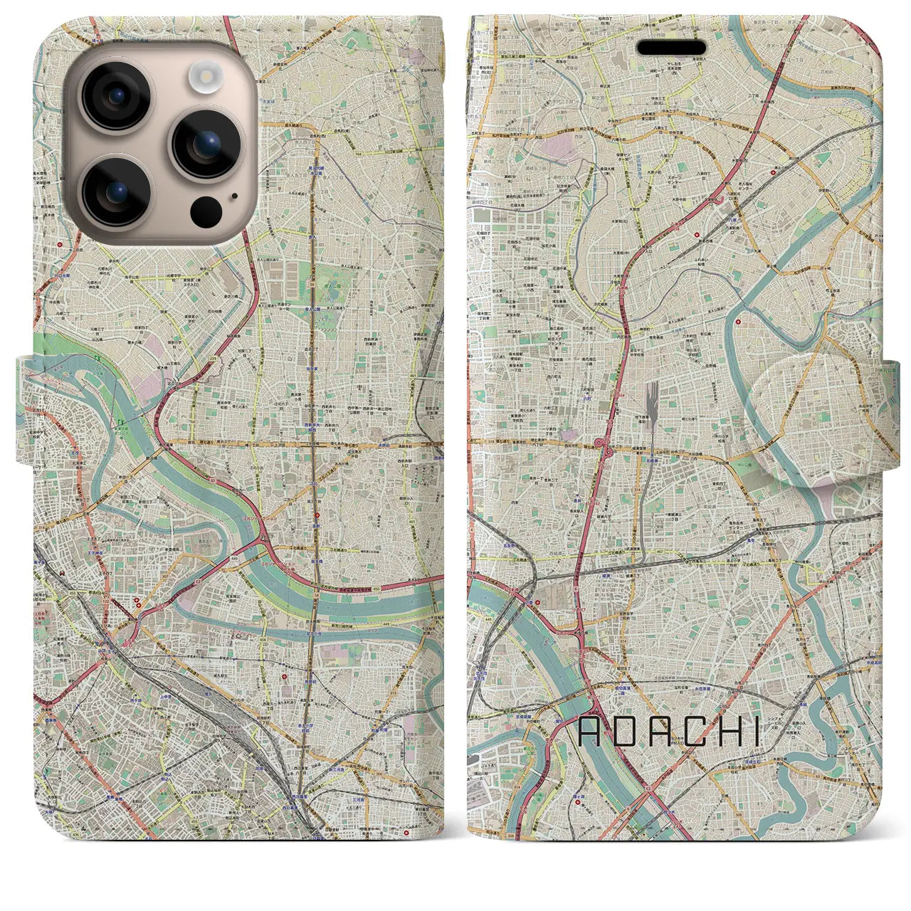 【足立（東京都）】地図柄iPhoneケース（手帳タイプ）ナチュラル・iPhone 16 Plus 用