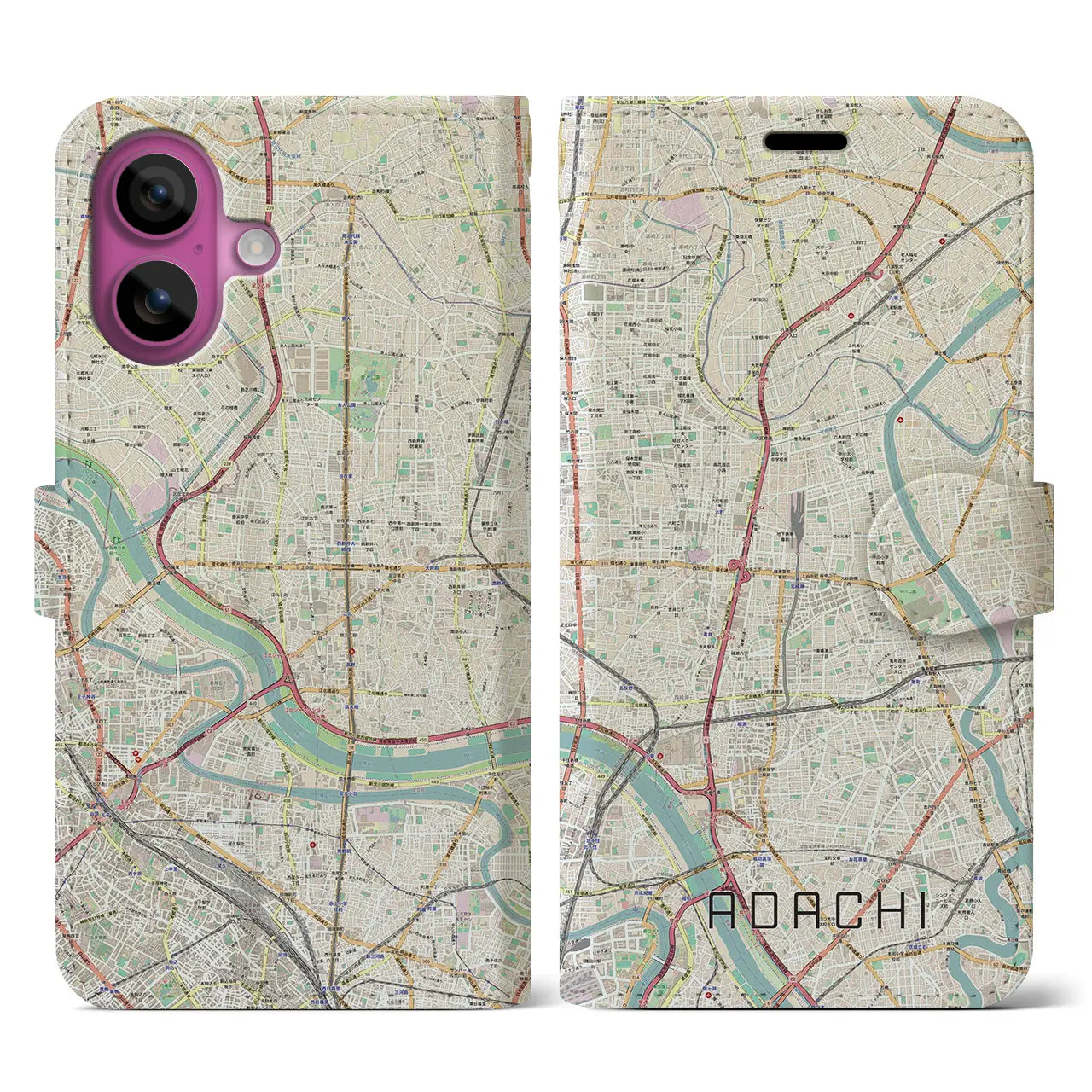 【足立（東京都）】地図柄iPhoneケース（手帳タイプ）ナチュラル・iPhone 16 Pro 用