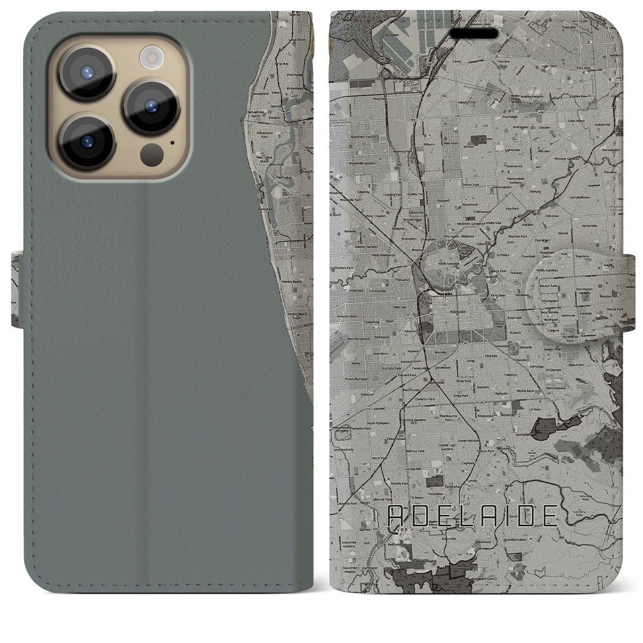 【アデレード】地図柄iPhoneケース（手帳両面タイプ・モノトーン）iPhone 14 Pro Max 用