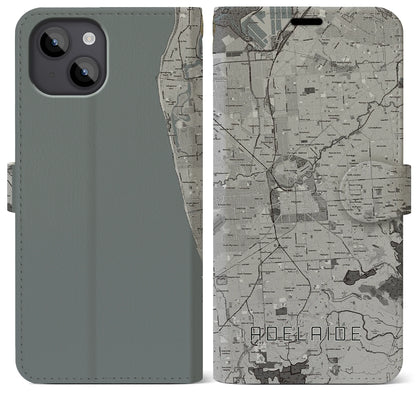 【アデレード（オーストラリア）】地図柄iPhoneケース（手帳タイプ）モノトーン・iPhone 14 Plus 用