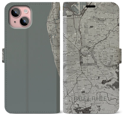 【アデレード（オーストラリア）】地図柄iPhoneケース（手帳タイプ）モノトーン・iPhone 15 Plus 用