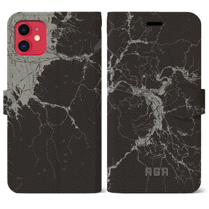 【阿賀（新潟県）】地図柄iPhoneケース（手帳タイプ）モノトーン・iPhone 11 用
