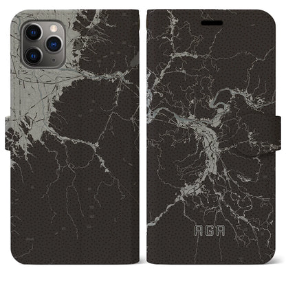 【阿賀（新潟県）】地図柄iPhoneケース（手帳タイプ）モノトーン・iPhone 11 Pro Max 用