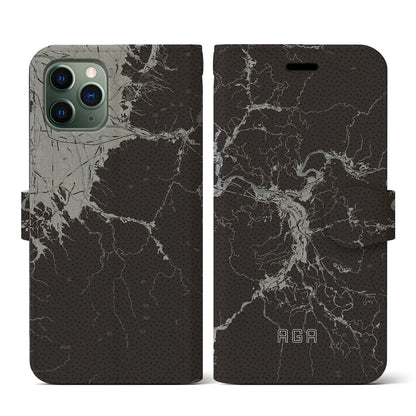 【阿賀（新潟県）】地図柄iPhoneケース（手帳タイプ）モノトーン・iPhone 11 Pro 用