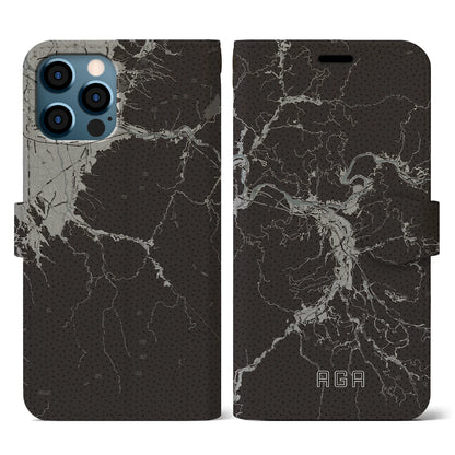 【阿賀（新潟県）】地図柄iPhoneケース（手帳タイプ）モノトーン・iPhone 12 / 12 Pro 用