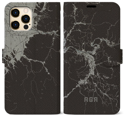 【阿賀（新潟県）】地図柄iPhoneケース（手帳タイプ）モノトーン・iPhone 12 Pro Max 用
