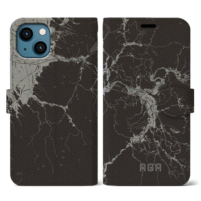 【阿賀（新潟県）】地図柄iPhoneケース（手帳タイプ）モノトーン・iPhone 13 用