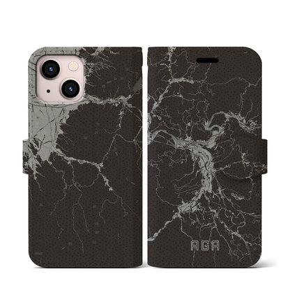 【阿賀（新潟県）】地図柄iPhoneケース（手帳タイプ）モノトーン・iPhone 13 mini 用