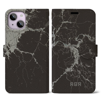 【阿賀（新潟県）】地図柄iPhoneケース（手帳タイプ）モノトーン・iPhone 14 用