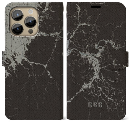 【阿賀（新潟県）】地図柄iPhoneケース（手帳タイプ）モノトーン・iPhone 14 Pro Max 用