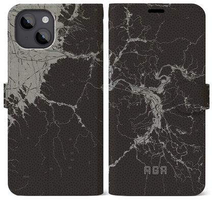【阿賀（新潟県）】地図柄iPhoneケース（手帳タイプ）モノトーン・iPhone 14 Plus 用