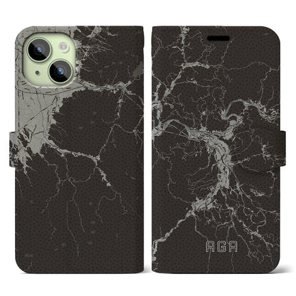 【阿賀（新潟県）】地図柄iPhoneケース（手帳タイプ）モノトーン・iPhone 15 用