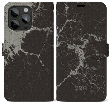 【阿賀（新潟県）】地図柄iPhoneケース（手帳タイプ）モノトーン・iPhone 15 Pro Max 用