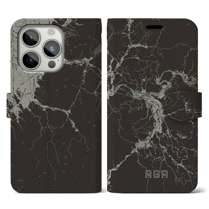 【阿賀（新潟県）】地図柄iPhoneケース（手帳タイプ）モノトーン・iPhone 15 Pro 用