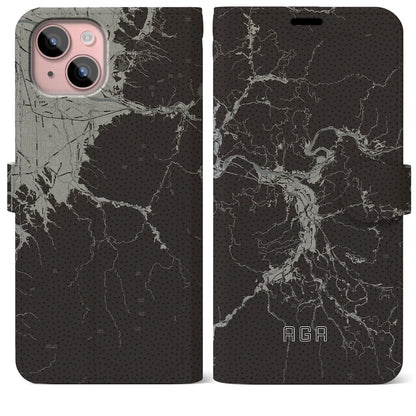 【阿賀（新潟県）】地図柄iPhoneケース（手帳タイプ）モノトーン・iPhone 15 Plus 用