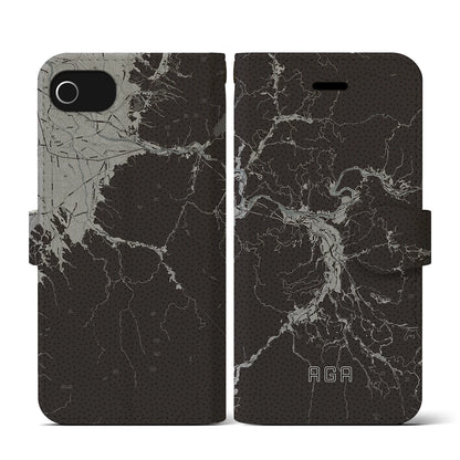 【阿賀（新潟県）】地図柄iPhoneケース（手帳タイプ）モノトーン・iPhone SE（第3 / 第2世代） / 8 / 7 / 6s / 6 用