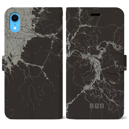 【阿賀（新潟県）】地図柄iPhoneケース（手帳タイプ）モノトーン・iPhone XR 用