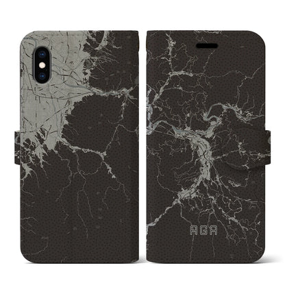 【阿賀（新潟県）】地図柄iPhoneケース（手帳タイプ）モノトーン・iPhone XS / X 用