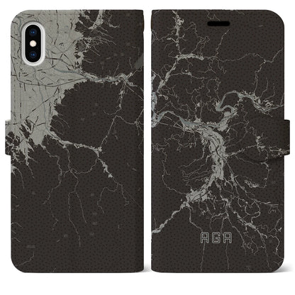 【阿賀（新潟県）】地図柄iPhoneケース（手帳タイプ）モノトーン・iPhone XS Max 用