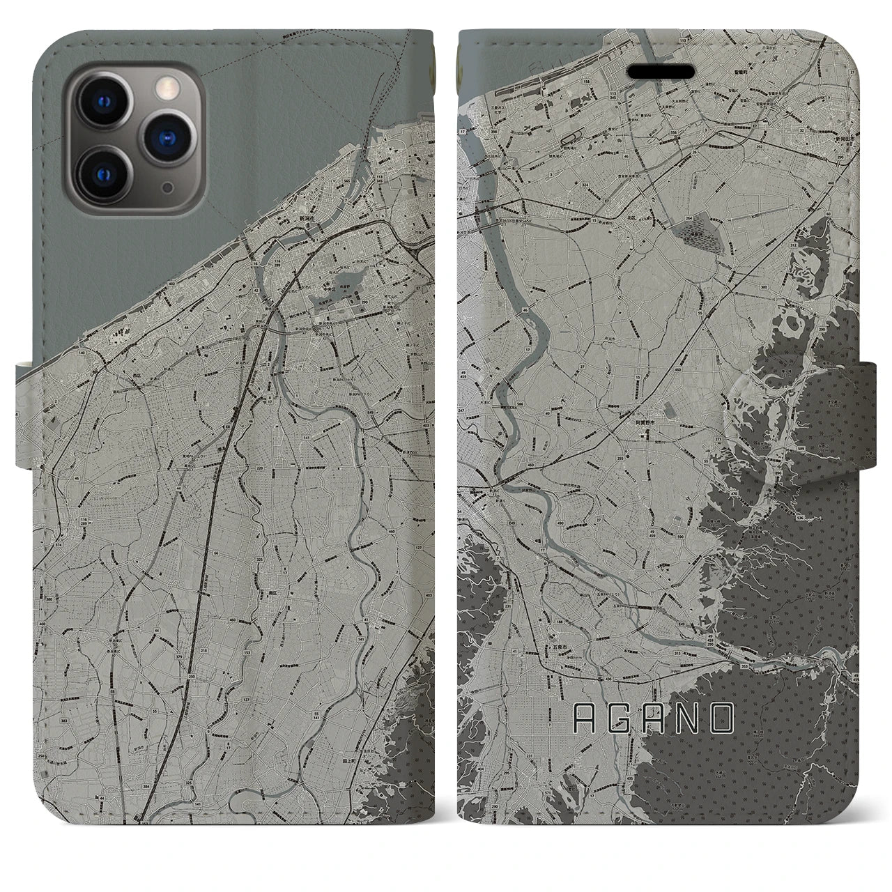 【阿賀野】地図柄iPhoneケース（手帳両面タイプ・モノトーン）iPhone 11 Pro Max 用