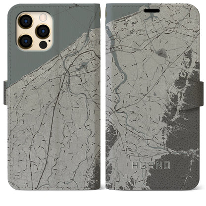 【阿賀野（新潟県）】地図柄iPhoneケース（手帳タイプ）モノトーン・iPhone 12 Pro Max 用