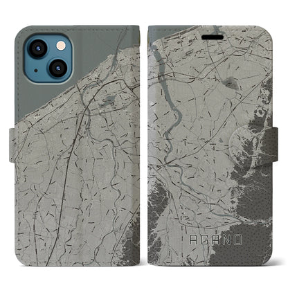 【阿賀野（新潟県）】地図柄iPhoneケース（手帳タイプ）モノトーン・iPhone 13 用