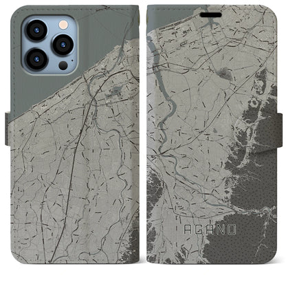 【阿賀野（新潟県）】地図柄iPhoneケース（手帳タイプ）モノトーン・iPhone 13 Pro Max 用