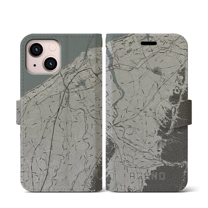 【阿賀野（新潟県）】地図柄iPhoneケース（手帳タイプ）モノトーン・iPhone 13 mini 用
