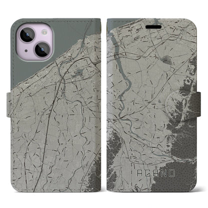 【阿賀野（新潟県）】地図柄iPhoneケース（手帳タイプ）モノトーン・iPhone 14 用