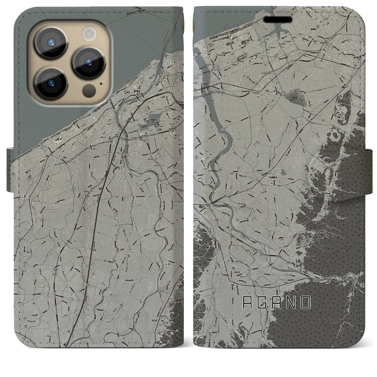 【阿賀野】地図柄iPhoneケース（手帳両面タイプ・モノトーン）iPhone 14 Pro Max 用