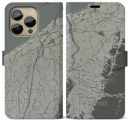 【阿賀野（新潟県）】地図柄iPhoneケース（手帳タイプ）モノトーン・iPhone 14 Pro Max 用