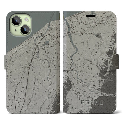 【阿賀野（新潟県）】地図柄iPhoneケース（手帳タイプ）モノトーン・iPhone 15 用