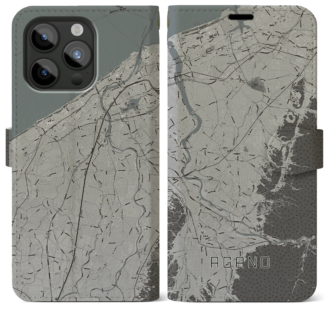 【阿賀野】地図柄iPhoneケース（手帳両面タイプ・モノトーン）iPhone 15 Pro Max 用