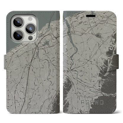 【阿賀野（新潟県）】地図柄iPhoneケース（手帳タイプ）モノトーン・iPhone 15 Pro 用