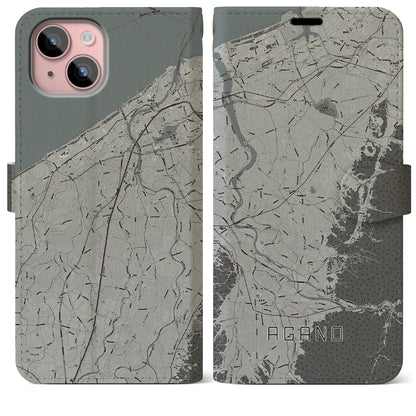 【阿賀野（新潟県）】地図柄iPhoneケース（手帳タイプ）モノトーン・iPhone 15 Plus 用
