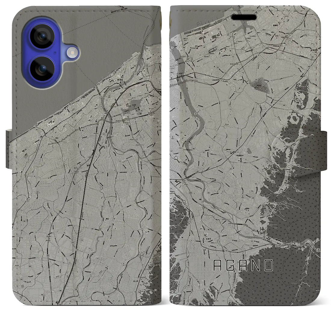 【阿賀野(新潟県)】地図柄iPhoneケース(手帳タイプ)モノトーン・iPhone 16 Pro Max 用