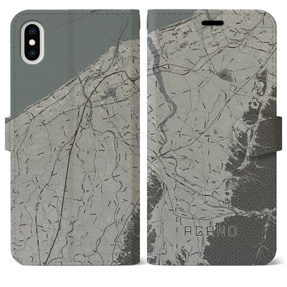 【阿賀野（新潟県）】地図柄iPhoneケース（手帳タイプ）モノトーン・iPhone XS Max 用