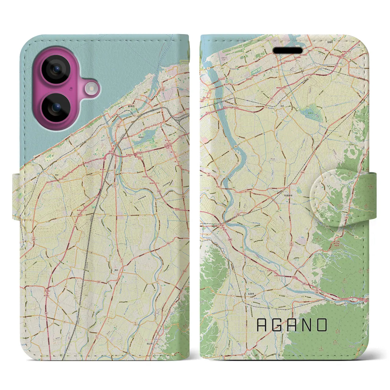 【阿賀野（新潟県）】地図柄iPhoneケース（手帳タイプ）ナチュラル・iPhone 16 Pro 用