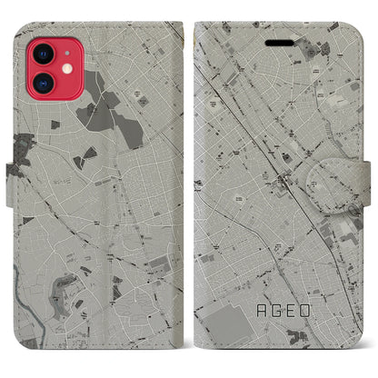 【上尾（埼玉県）】地図柄iPhoneケース（手帳タイプ）モノトーン・iPhone 11 用