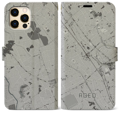 【上尾（埼玉県）】地図柄iPhoneケース（手帳タイプ）モノトーン・iPhone 12 Pro Max 用