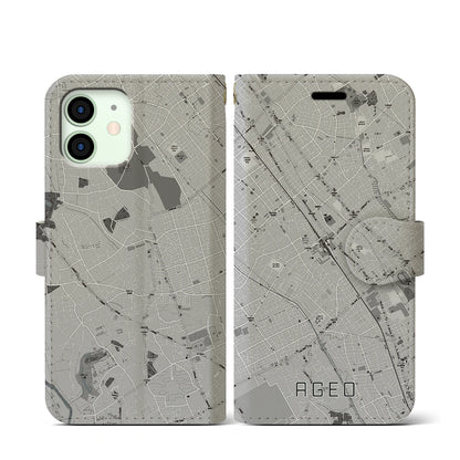 【上尾（埼玉県）】地図柄iPhoneケース（手帳タイプ）モノトーン・iPhone 12 mini 用